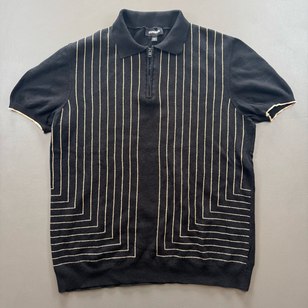 Express Black Gold Pinstripe Knit Zip Polo Sweater Retro Bowling Vibes Size L
